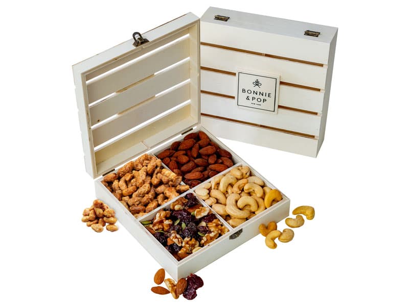 Nut Gift Basket, in Reusable Wooden Crate, Healthy Gift Option, Gourmet Snack Food Box, with Unique Flavors, Great for Feel Better, Sympathy & Birthday- Bonnie & Pop