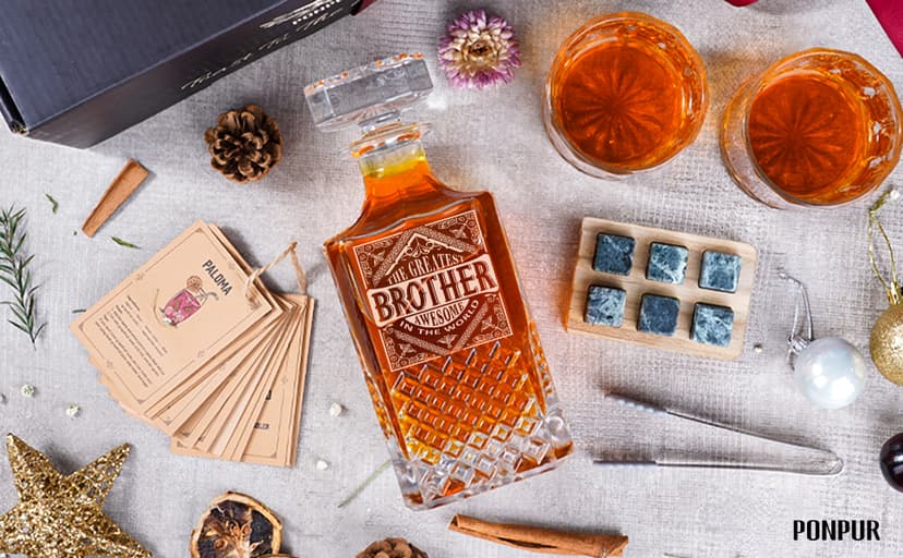 PONPUR Gifts for Brother, Whiskey Decanter Set with 2 Whisky Glasses, Unique Cool Stocking Stuffers Birthday Gift for Brothers from Sister, Best Christmas Presents for Men