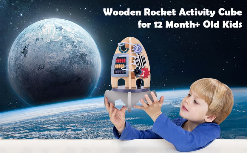 Wdmiya Space Wooden Activity Cube Toys for Baby, Montessoritoys for 1 Year Old Boy & Girl Birthday Gifts, Sensory and Educational 1st Birthday Gifts, Busy Board Toys for Baby Boy 6-18 Months (Rocket)