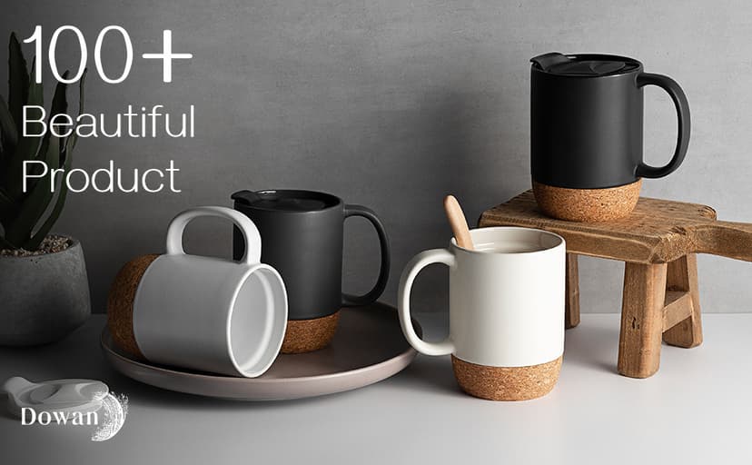 DOWAN Coffee Mugs, 15 oz Mug Set of 2, Large Ceramic Coffee Mug with Cork Bottom and Spill Proof Lid for Mom Dad, Big Mug for Latte Tea, Matte Grey