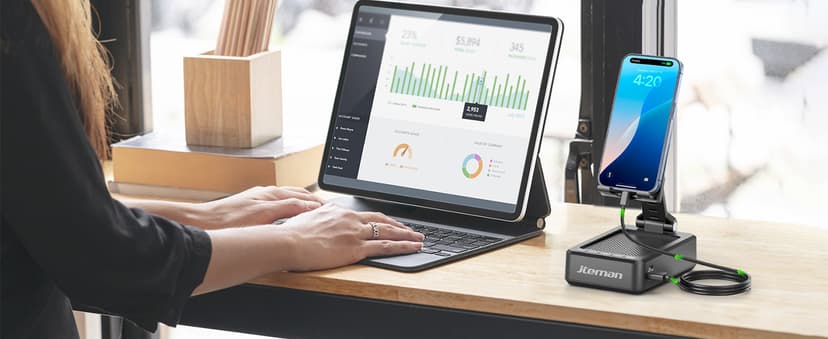 JTEMAN Cell Phone Stand with Bluetooth Speaker and Charging Function,Bluetooth Audio Power Bank Bracket,Birthday Gifts for Men Women,Kitchen Gadgets for Most Phones and Tablets-Black