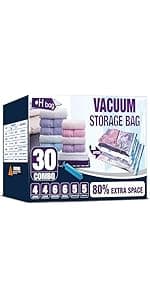HIBAG Vacuum Storage Bags, 30-Pack Space Saver Vacuum Storage Bags, Vacuum Seal Bags for Clothing, Clothes, Comforters and Blankets (30C)