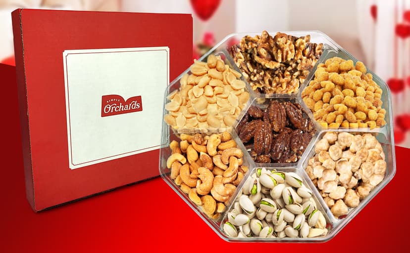 Holiday Nuts gift Basket - Delicious Mixed Cravings Gourmet Collection, Features 7 Sectional Platter with Freshly Roasted Nuts, Christmas Gift Basket for Men and Women.