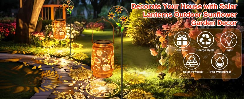 Sunflower Solar Lanterns Outdoor Waterproof, Christmas Gifts for Women Mom Grandma, Metal Hanging Lantern Solar Lights LED Decoration with Shepherd Hook Outside for Yard, Patio, Porch, Garden Decor