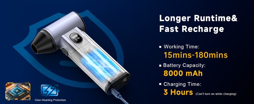 Compressed Air Duster with150,000RPM Brushless Motor, 8000mAh Battery, LED Light, 4-Gear Adjustable Electric Air Blower for Home, Car, Computer, Outdoor
