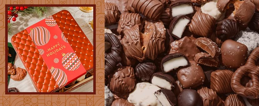 Christmas Chocolate Gift Basket– Holiday Candy Gift Box with Assorted Milk, Dark & White Chocolates – Holiday Food Gift Idea for Men, Women, Family, Corporate- Bonnie & Pop Christmas Style