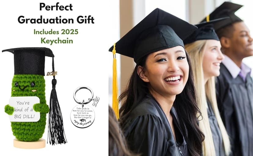 Graduation Gifts 2025 – Big Dill Crochet Pickle with Stand & Keychain | Handmade Grad Gift for High School, College, University, Nurses, PhD. Gifts for Her