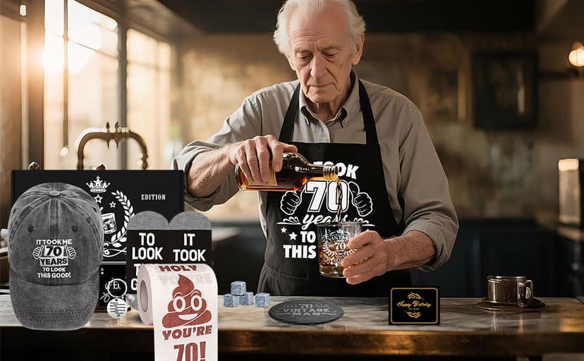 70th Birthday Gifts for Men Whiskey Glass Set, 70th Birthday Party Supplies with 11 Oz Whiskey Glass Coaster Stone Baseball Cap Apron Sock Funny Toilet Paper Keychain for Him, Dad, Husband, Friends