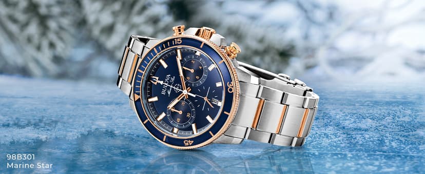 Bulova Men's Marine Star Series C Two-Tone Rose Gold Stainless Steel 6-Hand Chronograph Quartz Watch, Blue Dial Style: 98B301