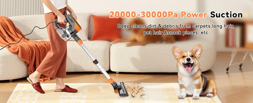 23Ft Corded Vacuum Cleaner, 600W Powerful Self-Standing Stick Vacuum for Home with 20Kpa Suction, 2 Speeds Lightweight Household Vacuum Cleaner for Carpet,Hardwood Floors and Pet Hair