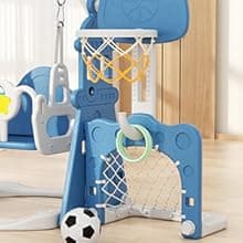 XJD 6-in-1 Toddler Slide and Swing Set, Kids Slide for Toddlers Age 1+, Toddler Outdoor Playset with Basketball Hoop, Football Frame, Swing, Outdoor Indoor Playground for Toddlers 1-3 (Pink)