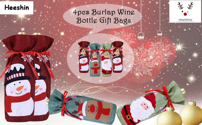 4pcs Christmas Wine Bottle Bags Burlap Wine Bottle Gift Bags with Drawstring, Reusable Santa Claus, Snowman & Reindeer Drawstring Covers for Xmas New Year Party Table Decoration