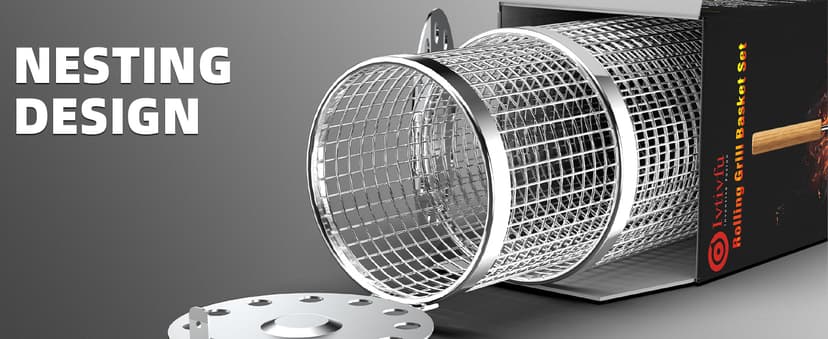 Rolling Grill Basket, Removable Wooden Handle, 304 Stainless Steel, Nesting Smoker Net, BBQ Accessories Tools for Vegetable Shrimp, Outdoor Cooking Camping, Birthday Gifts for Men Dad Husband