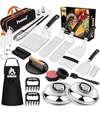 ROMANTICIST 26pcs Stainless Steel Grill Tool Set, Heavy Duty BBQ Grilling Accessories Gifts for Men Dad, Non-Slip Grill Utensils Kit with Apron, Thermometer, Mats in Aluminum Case for Christmas Brown