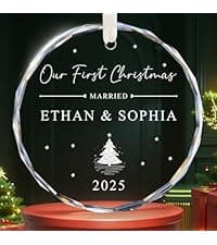 First Christmas Married Ornament, Personalized Wedding Gifts for Couple, Mr and Mrs Gift, Bridal Shower Gifts, Just Married for Newlywed Couples, Bride, Crystal Glass Wedding Christmas Ornaments 2025
