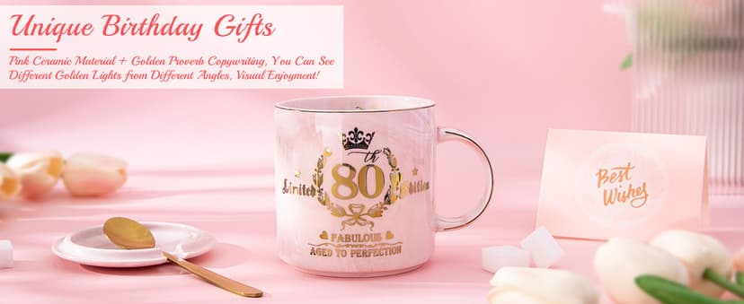 Biching 80th Birthday Gifts for Women, 14oz Pink Coffee Mug with Gold Pattern, Best Gifts for 80 Year Old Grandma, Mom, Sister, Friend, Fabulous 80 Limited Edition, 1943 Birthday Gifts for Women.