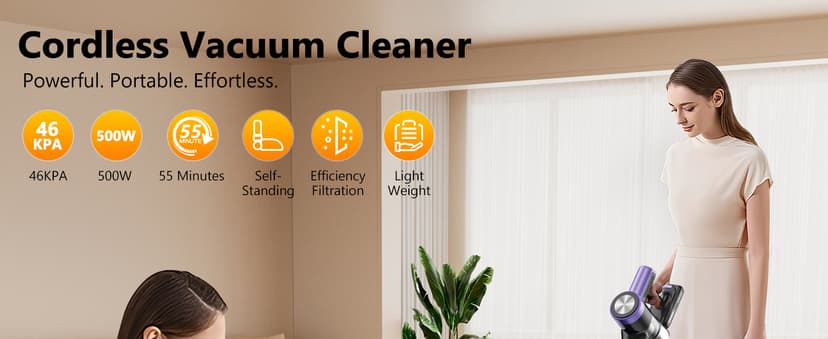 Cordless Vacuum Cleaner, 46KPa/500W Stick Vacuum with 55 Mins Runtime, Self-Standing Vacuum Cleaner for Home, LED Display, Anti-Tangle Brush, Rechargeable Vacuum for Hardwood Floor, Pet Hair (Violet)