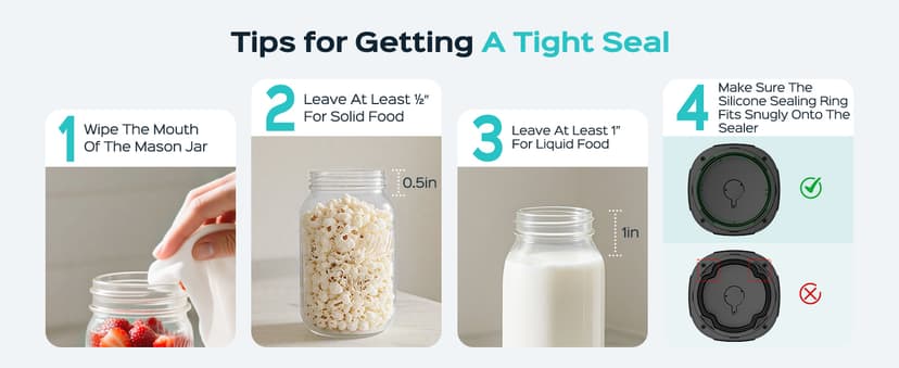 ZIWEO Mason Jar Vacuum Sealer Kit for Wide Mouth and Regular Mouth Mason Jars, Electric Vacuum Sealer with Suction Nozzle, 10 Lids and 1 Vacuum Bag, Compact and Auto Stop Design