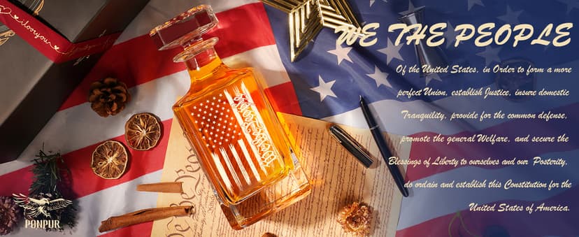PONPUR Whiskey Decanter Engraved We The People American Flag, 750ml Whiskey Decanter Set with 2 Glasses, Christmas Boss Day Patriotic Birthday Gifts For Men Dad, Liquor Scotch Bourbon Presents