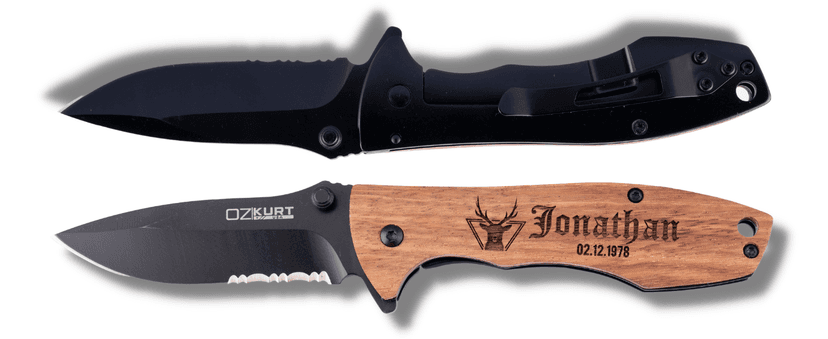 Gifts for Men, Personalized Engraved Oak Wood Pocket Knife - 36 Icons, 20 Stylish Font - Custom Pocket Knives