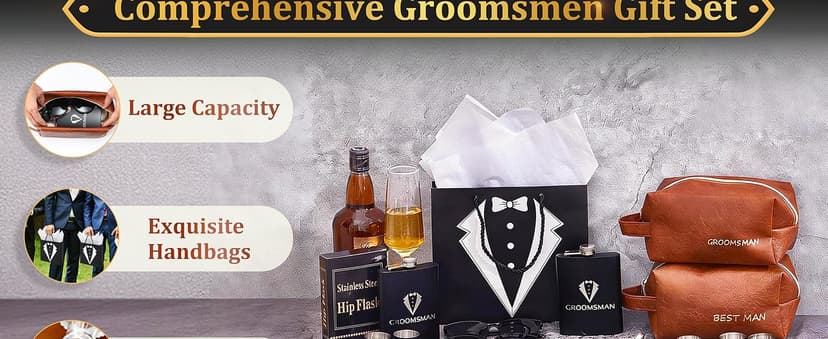60Pcs Groomsmen Gifts Set of 6, Groomsmen Proposal Box with Flasks Sunglasses PU Leather Toiletry Bag Bottle Opener for Wedding Groomsman Best Man Gift