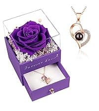 Beferr Birthday Gifts for Women Mom Preserved Real Rose with Necklace Eternal Roses Fresh Flowers for Delivery Prime anniversary Purple Gifts for Grandma Wife Daughter Sister