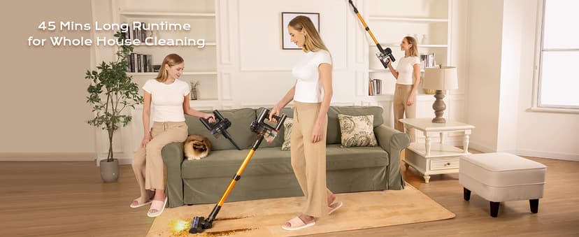 Cordless Vacuum Cleaner, 450W 40KPA Vacuum Cleaners for Home, 45Mins Lightweight Stick Vacuum with Advanced Green Light Tech, Rechargeable Battery Vacuum for Carpet,Pet Hair,Hardwood Floor