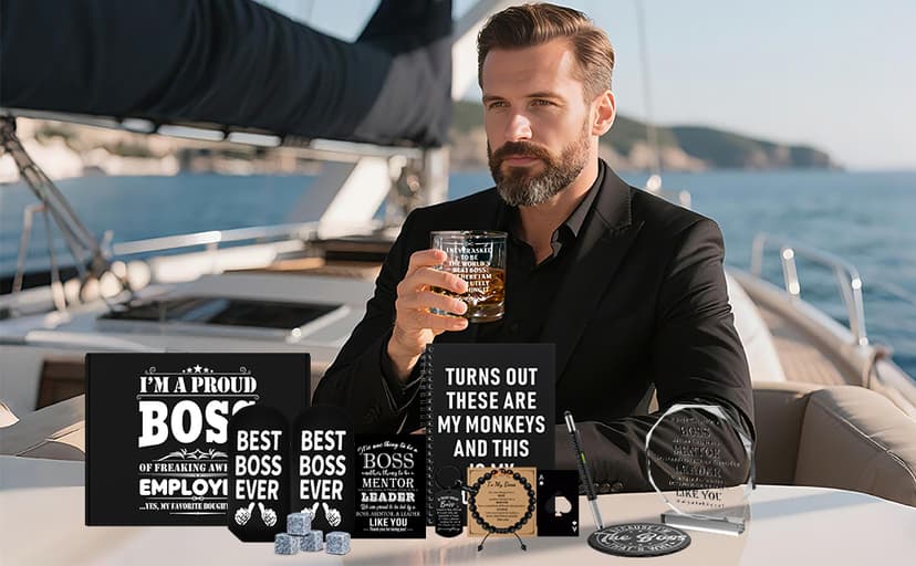 15 Pcs Boss Day Gifts for Men Whiskey Glass Set, Best Boss Ever Gifts with 11 Oz Whisky Glass Coaster Stones Socks Crystal Plaque Spiral Notebook Keychain, Bosses Inspirational Gift from Employees