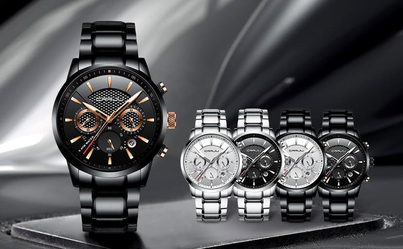 CRRJU Men's Business Casual Chronograph Quartz Waterproof Wristwatch Black Leather Strap