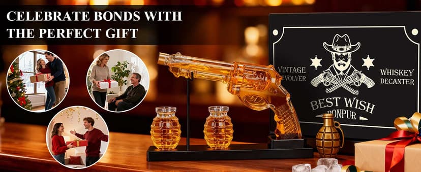 PONPUR Gifts for Men Dad, Whiskey Decanter Set with 2 Glasses, Dad Christmas Birthday Gifts, House Warming Anniversary Presents for Husband Him, Cool Whiskey Bourbon Gifts for Mens
