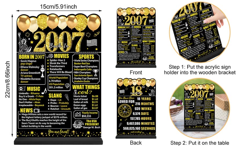 Black Gold 18th Birthday Decorations Gifts for Men Women, Two-Sided Vintage 18 Back in 2007 Theme Poster Wooden Table Sign with Stand, Eighteen Years Old Bday Centerpieces Holder for Table Decor