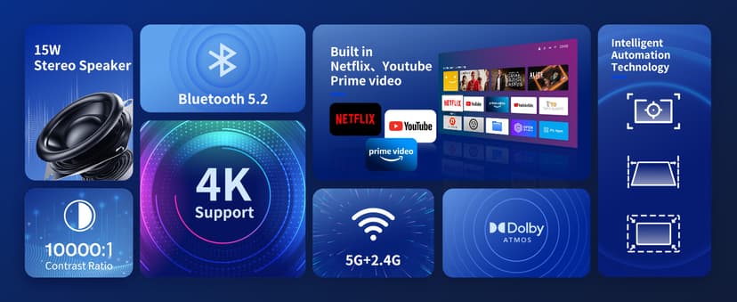 4K Projector with Wifi and Bluetooth, ELEPHAS Outdoor Movie Projector with NETFLIX/Prime Video/YouTube Built-in, 100,000+ Apps Supported, Video Projector Compatible with HDMI/USB/iOS/Android/Windows