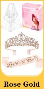 JETKONG 3 Pcs Bachelorette Party Decorations Bridal Shower Crown, Bride to Be Sash&Veil for Women Bachelorette Party Gifts, Bachelorette Party Supplies, Gifts, Favors (Rose Gold)
