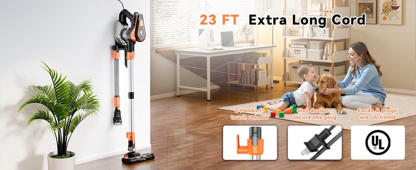 23Ft Corded Vacuum Cleaner, 600W Powerful Self-Standing Stick Vacuum for Home with 20Kpa Suction, 2 Speeds Lightweight Household Vacuum Cleaner for Carpet,Hardwood Floors and Pet Hair