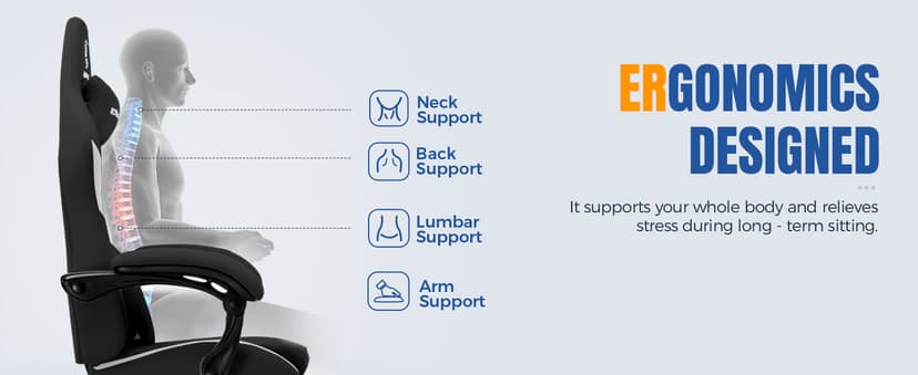 GTRACING Gaming Chair Ergonomic Office Chair with Foot Rest & Pocket Spring Cushion, Breathable Fabric Computer Chair with Headrest & Lumbar Support, High Back Game Chair for Adults, Coal-Black