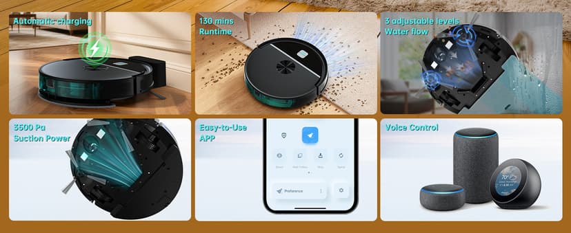 ECOHOME Robot Vacuum and Mop Combo,3500Pa Powerful Suction, with Wi-Fi/App/Remote,2 in 1 Mopping Robot Vacuum Cleaner,Dustbin and Watertank, for Pet Hair,Hard Floors and Low Pile Carpet,Black