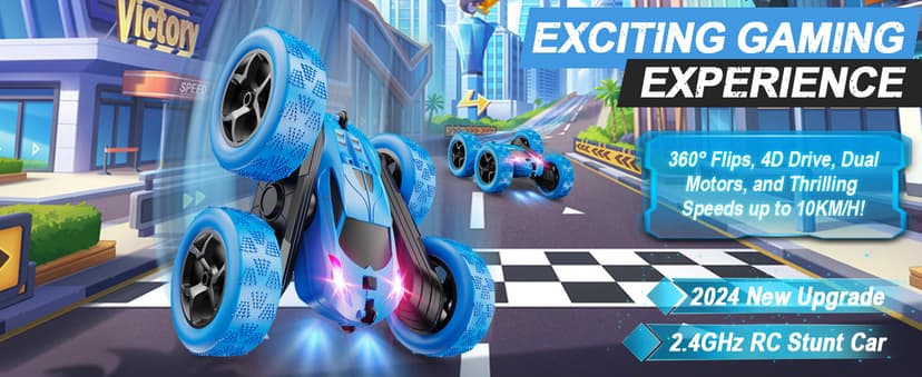 Remote Control Car, RC Cars Toys for Kids Ages 6-12, 4WD Stunt Car with LED Lights & 360° Flips, 2.4GHz, Upgraded USB-C Modular Batteries, 8-10 Year Old Boys Birthday Gift 1-Blue