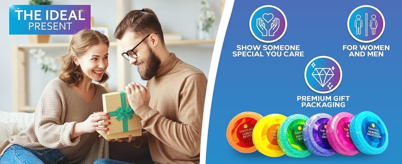 Aromatherapy Shower Steamers Gift Set, Six Fizzies - Uplifting, Relaxing, Stress Relief Scents for Women and Men - Self Care Home Spa Experience - Christmas Day Stocking Stuffers and Relaxation Gifts