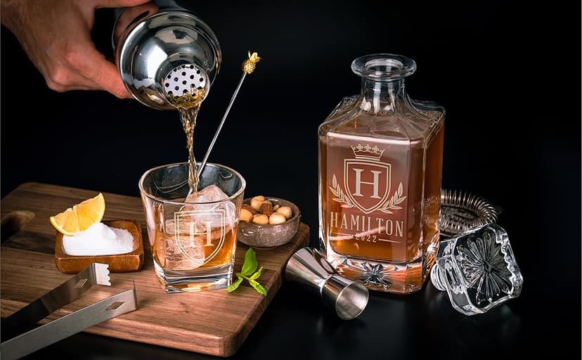 Personalized Whiskey Decanter Set - 5 Design Options - Custom Liquor 25 oz, 750ml Liquor Decanter w/Whiskey Glass Set Options, Birthday & Retirement Gifts for Men