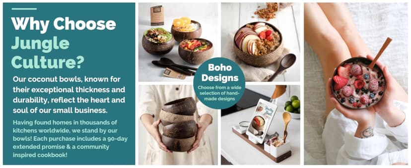 Jungle Culture 2 Polished Coconut Bowl & Wooden Spoons Set with Bamboo Straws • Natural Yoghurt & Smoothie Bowls Ideal for Ninja Creami • Healthy Coco Shell Buddha, Acai • Eco Friendly Vegan Gifts