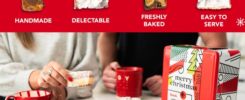 David's Cookies Merry Christmas Assorted Brownies & Crumb Cake Gift Tin 16pcs - Delicious, Fresh Baked Snacks, Gourmet Chocolate Fudge Slices, Brownies, Ideal Gift for Christmas Holidays