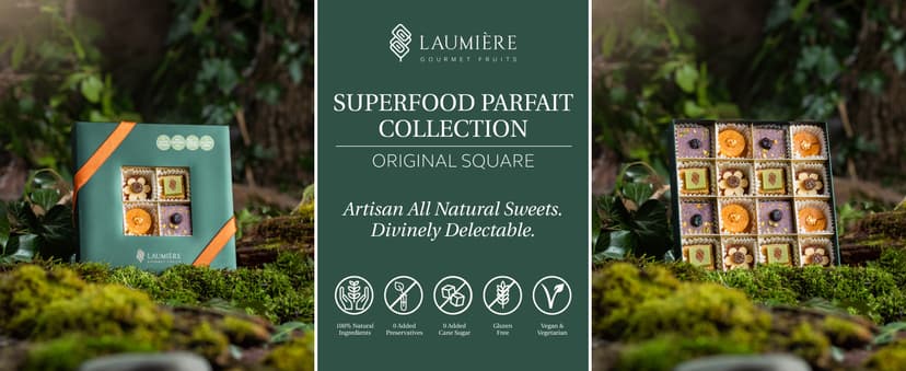 Laumière Gourmet Fruits - Dried Fruit Gift Baskets - Superfood Parfait Collection - Square (16 Pcs) - Premium Nuts Gift Basket - Healthy Snack Boxes for Adults- Vegan, Gluten Free Food Box - No Added Cane Sugar