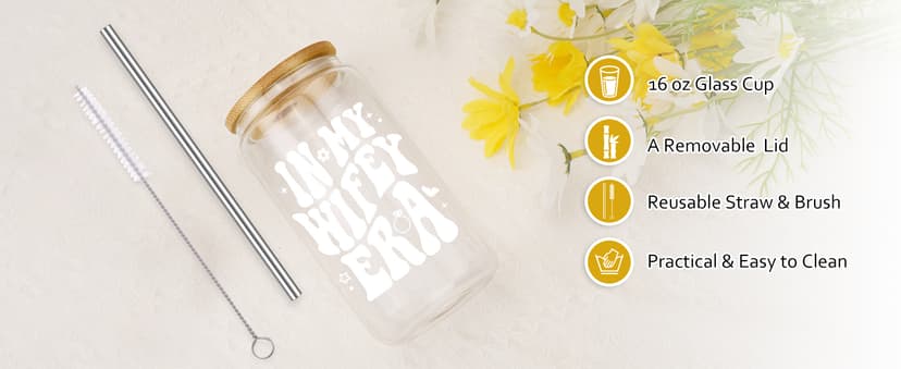 Fairy's Gift Wifey Era Cup, Wedding, Bride Gifts for Her, Bridal Shower, Engagement Gifts for Women, Couples, 16 oz Coffee Glass Cups w/Lids Straws, Bachelorette Presents for Bride to be, Future Mrs