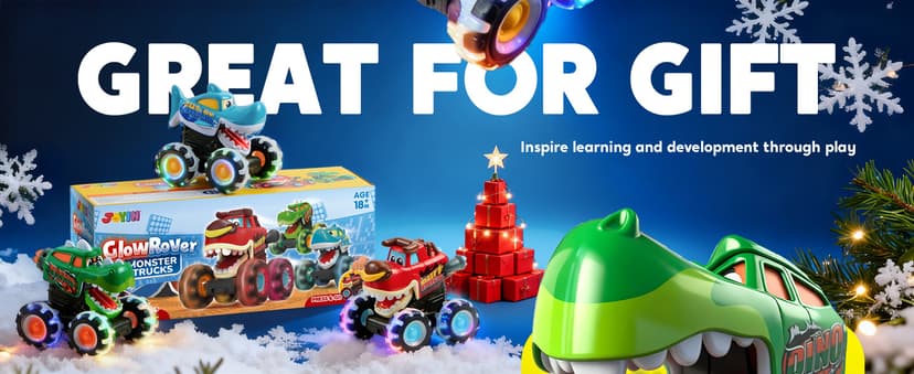 JOYIN 3 Pack Monster Truck Toy - Motion Activated Light Up Cars for Toddlers - Monster Glow Rover LED Wheels - Baby Boy Toys - Press and Go Dinosaur Trucks for Kids Boys Birthday Gifts for Christmas