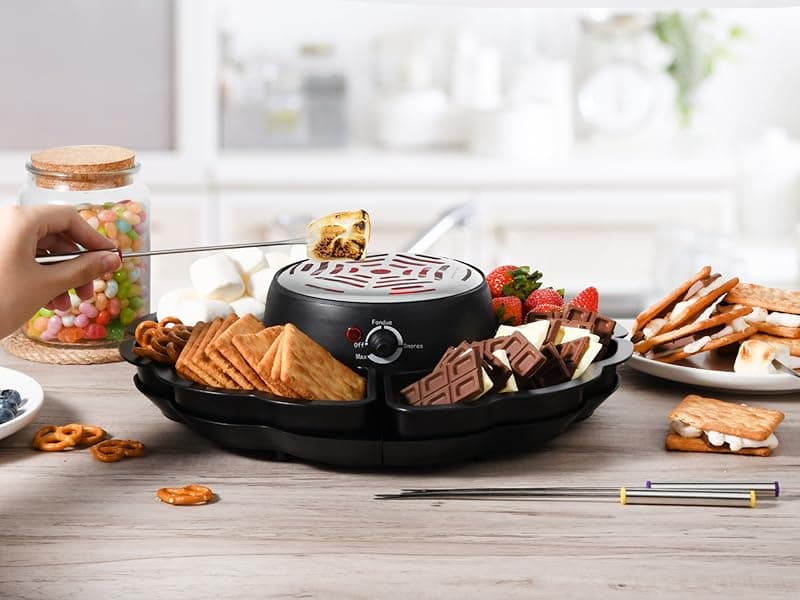 2 in 1 Electric S’mores Maker & Fondue Pot, Tabletop Indoor Smores kit with 4 Roasting Forks, 4 Detachable Trays & 1 Flameless Temperature-controlled Heater, Movie Night Supplies & Housewarming Gifts