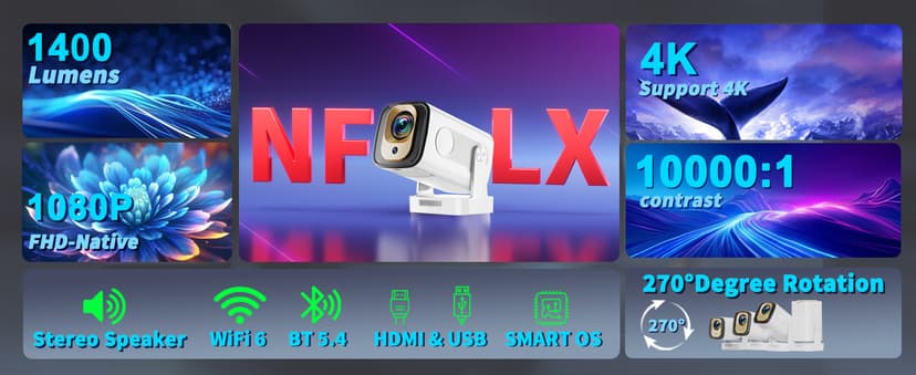 【Built-in Apps】Mini Projector 1080P with WiFi 6 and Bluetooth 5.4, 4K Full HD Projector Features Auto Focus & Keystone, Portable Projector Support 270° Rotatable, Compatible with Phone/HDMI/USB-White