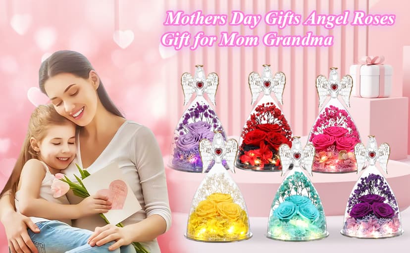Mothers Day Rose Gifts for Women, Large Angel Figurines with Real Roses, Preserved Real Flower Rose for Her - Red