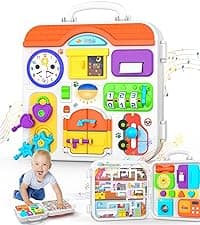 Toddler Toys for 1-2 Year Old Boy, Musical Montessori Busy Board, Early Educational Toy for Toddlers 1-3, Motor Skills Developmental Toy for 12-18 Month Age, Birthday Gift for 1+ Year Old Boy Girl