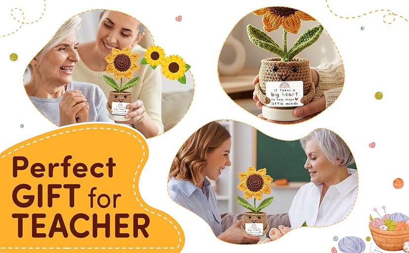 Teacher Gifts for Women, Teacher Gifts for Teachers Appreciation Week, End of Year, Birthday, Back to School - Positive Crochet Sunflower Handmade, Teacher Crochet Gift