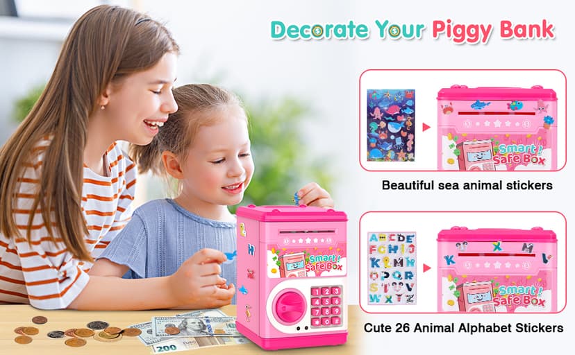 Pink Piggy Bank for Kids with Password Code Lock and Auto Grab Bill Slot, PhilaeEC Real Money Cash Coin Can Saving Box Electronic Money Safe Bank, Hot Gift for 4 7 8 9 10 11 Year Old Boys Girls